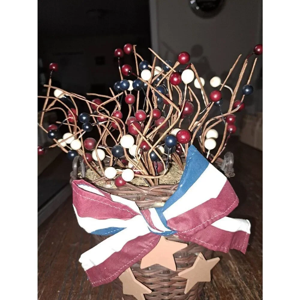 Vintage Handmade Patriotic Hanging Basket Ribbons Beads Flowers Farmhouse Rustic